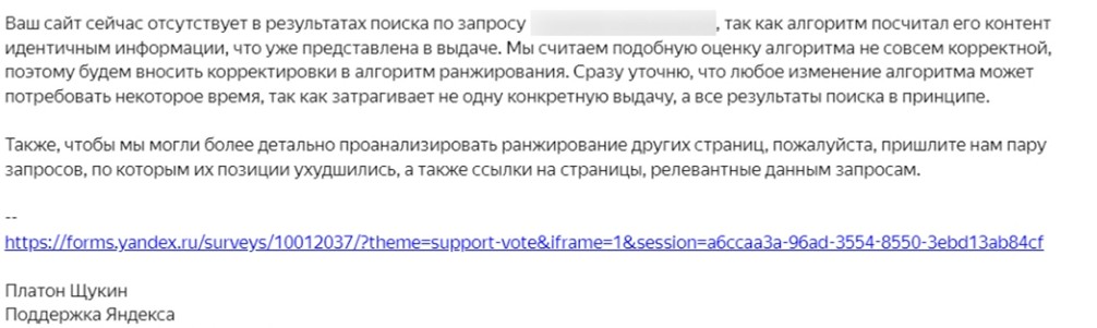 Пример ответа представителей Яндекса
